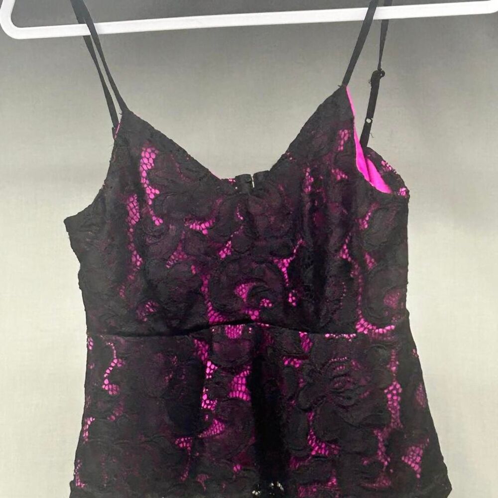 Lulumari black lace overlay hot pink cami top, size S, hook & eye closure